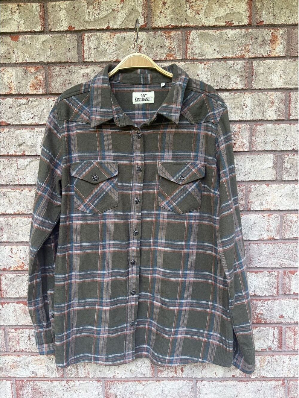 King Ranch Flannel Shirt Mens XL Brown Plaid Western Cowboy Rodeo Pockets Size L